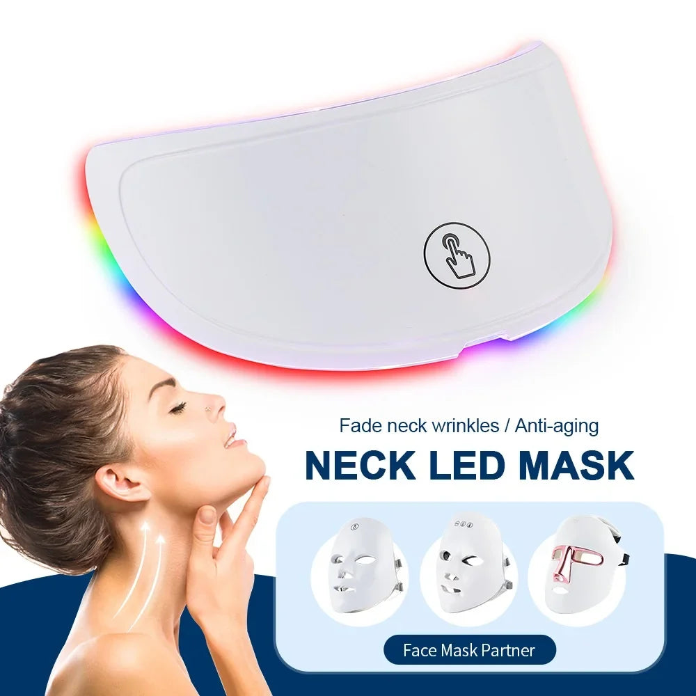 Neck LED mask with a woman using it, highlighting anti-aging benefits on a white background.