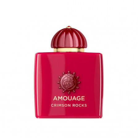 Amouage Crimson Rocks perfume bottle in a glossy deep red color with a matching domed cap and gold lettering, set against a plain white background.