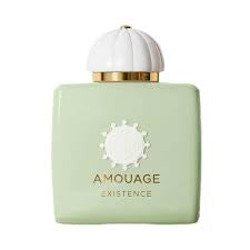 Amouage Existence perfume bottle in a pale mint green color with a white spherical cap and gold lettering, shown on a plain white background.