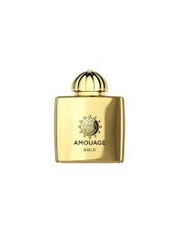 Amouage Gold perfume bottle with a metallic gold cap and a square gold body, featuring the brand name and sunburst logo on the front, set against a plain white background.