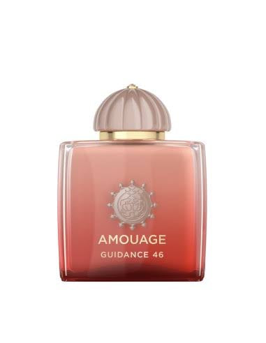 Amouage Guidance 46 perfume bottle with a square glass body showing a red-to-pink gradient, a metallic rose-gold cap, and gold lettering on a white background.