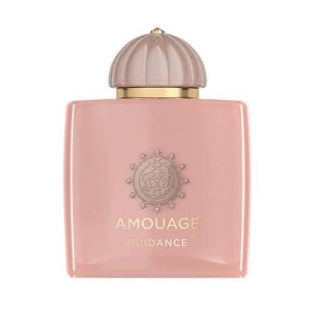 Amouage Guidance perfume bottle in a soft pink color with a ribbed dusty rose cap and gold lettering on the front.