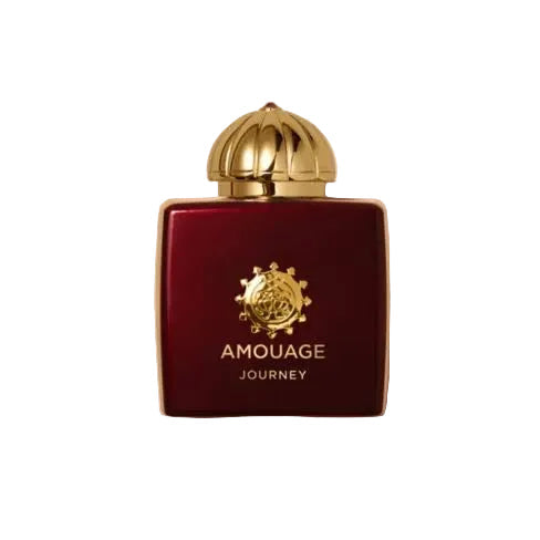Amouage Journey perfume bottle in deep burgundy glass with a metallic gold cap and gold lettering, centered on a light beige background.