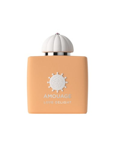 Amouage Love Delight perfume bottle in a warm peach-orange color with a white textured cap, shown on a plain white background.