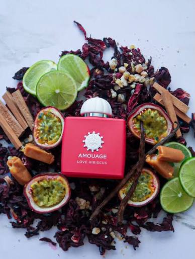 A red perfume bottle labeled 'AMOUAGE LOVE HIBISCUS' sits centered on a white surface, surrounded by dried hibiscus flowers, lime slices, cinnamon sticks, and halved passion fruit.