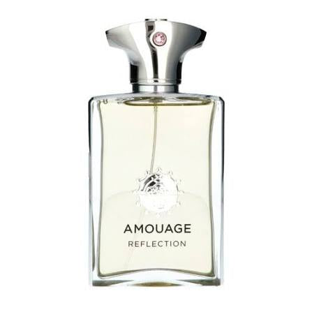 Amouage Reflection perfume bottle with a silver cap and pale yellow liquid, shown on a plain white background.