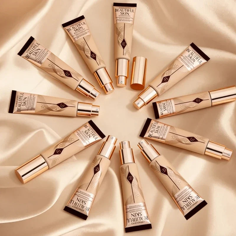 Cosmetic tubes arranged in a circular pattern on a beige fabric background