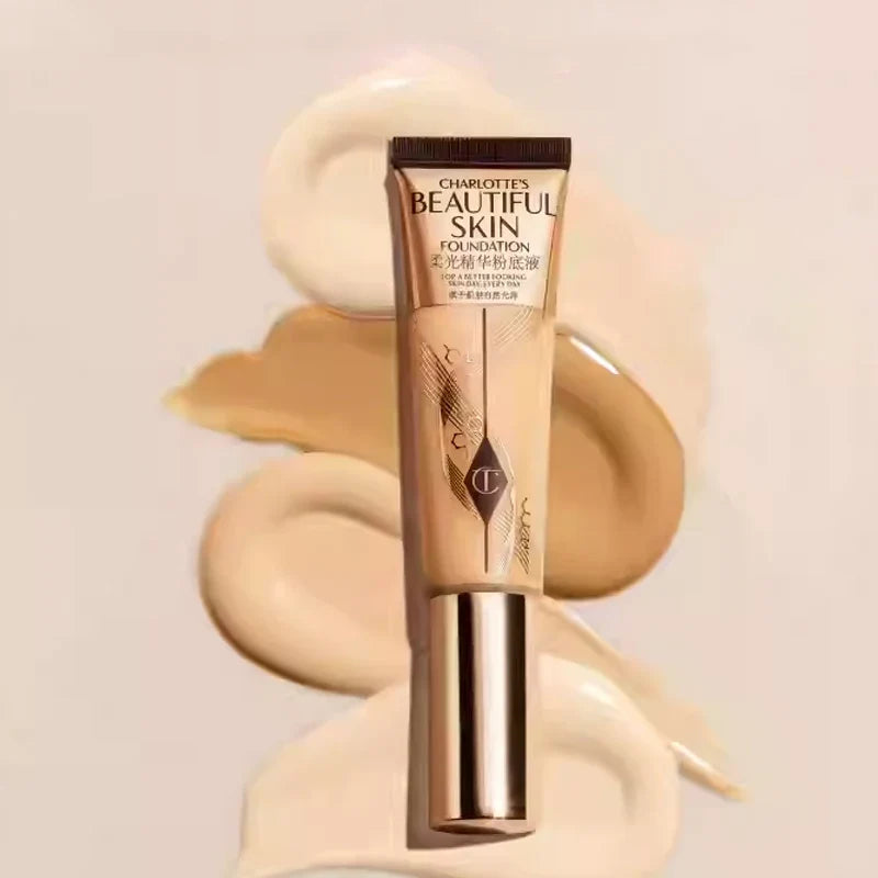 Cosmetic tube with 'Charlotte's Beautiful Skin' text on a beige background