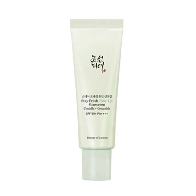 Beauty of Joseon Stay Fresh Tone-Up Sunscreen in a light green squeeze tube with Korean and English text, on a plain white background.