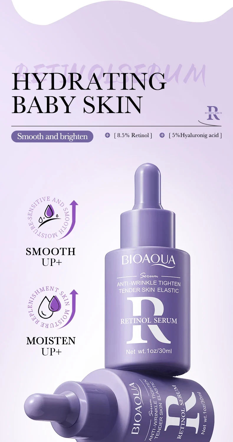 Bioaqua retinol serum packaging with text on a light purple background