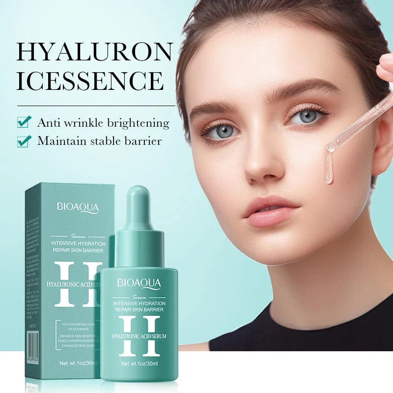 BIOAQUA hyaluronic acid serum with packaging and a woman applying it to her face.