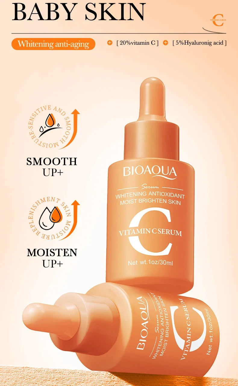 Bioaqua Vitamin C serum bottle with dropper on a beige background