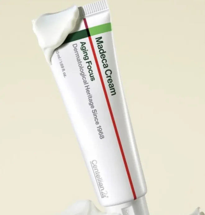 Tube of Madeca Cream on a beige background