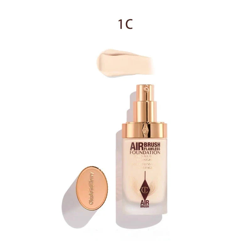 Charlotte Tilbury Airbrush Flawless Foundation bottle with a swatch on a white background 1C 