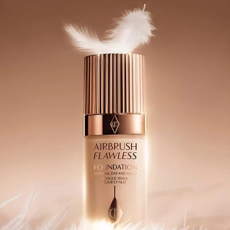 Airbrush Flawless foundation bottle with decorative elements on a beige background