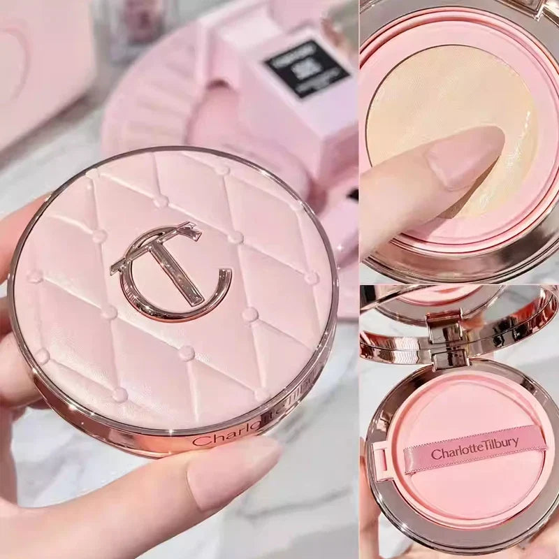 Pink makeup compact with Charlotte Tilbury logo, showing open and closed states.