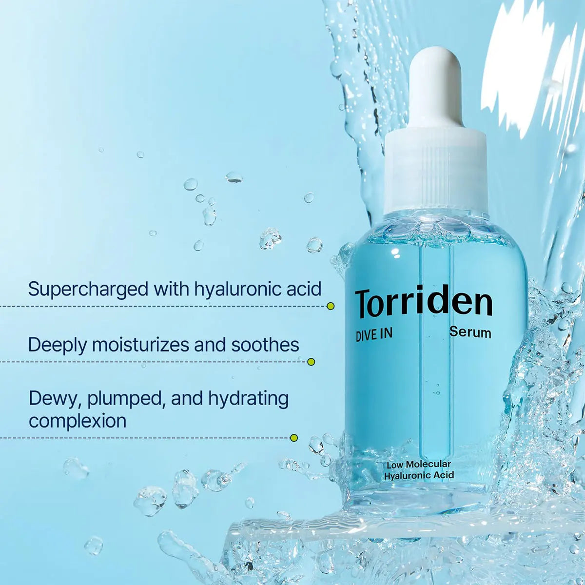 Torriden serum bottle with water droplets and text on a blue background