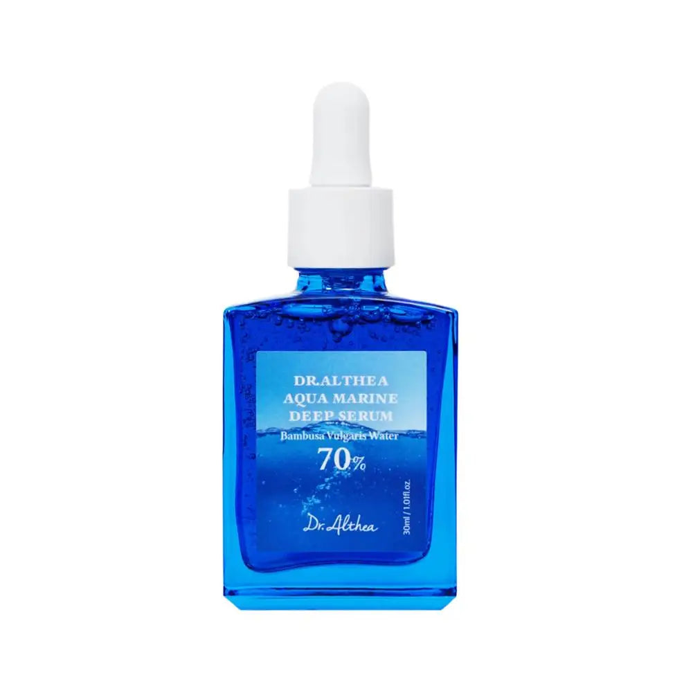 Blue serum bottle with dropper labeled 'Dr. Althea Aqua Marine Deep Serum' on a white background