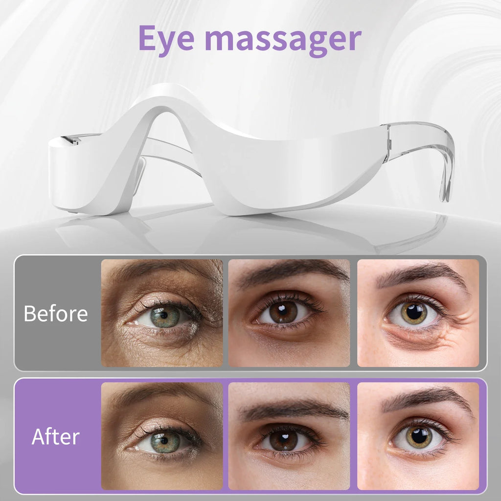 Eye massager with before and after effects on eyes on a gray background