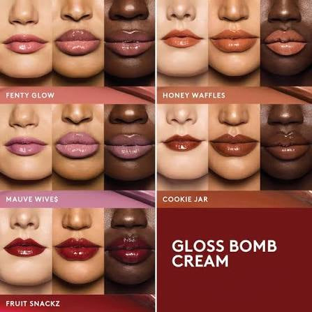 Lip gloss color swatches with different shades on a red background, labeled 'Gloss Bomb Cream'.