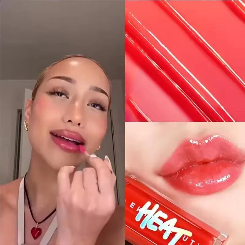 Person applying red lipstick, close-up of lipstick, and product packaging with 'HEAT' text.