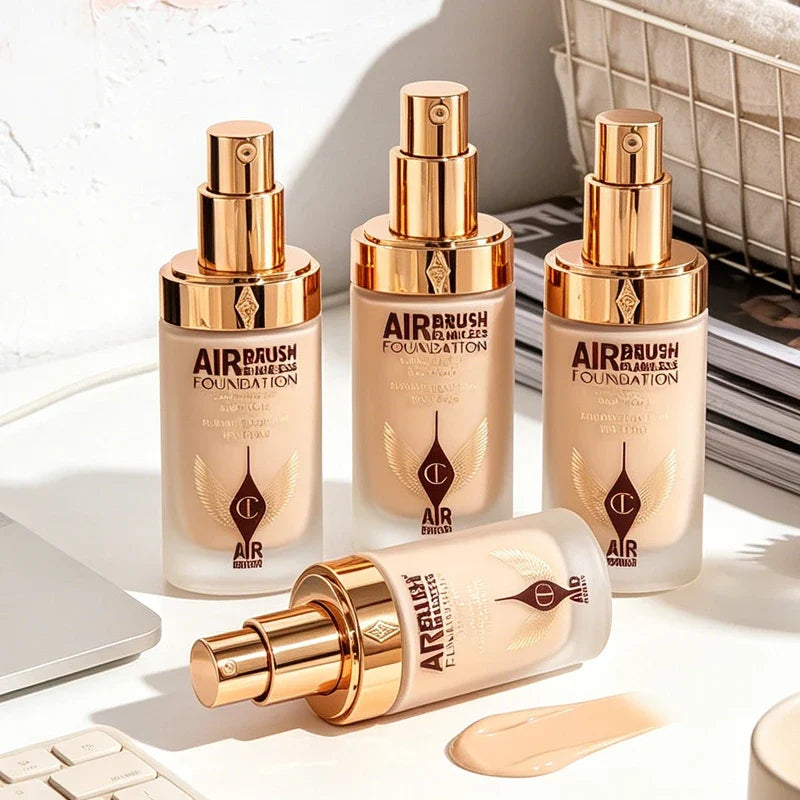 Three bottles of Airbrush Foundation on a light surface with a blurred background