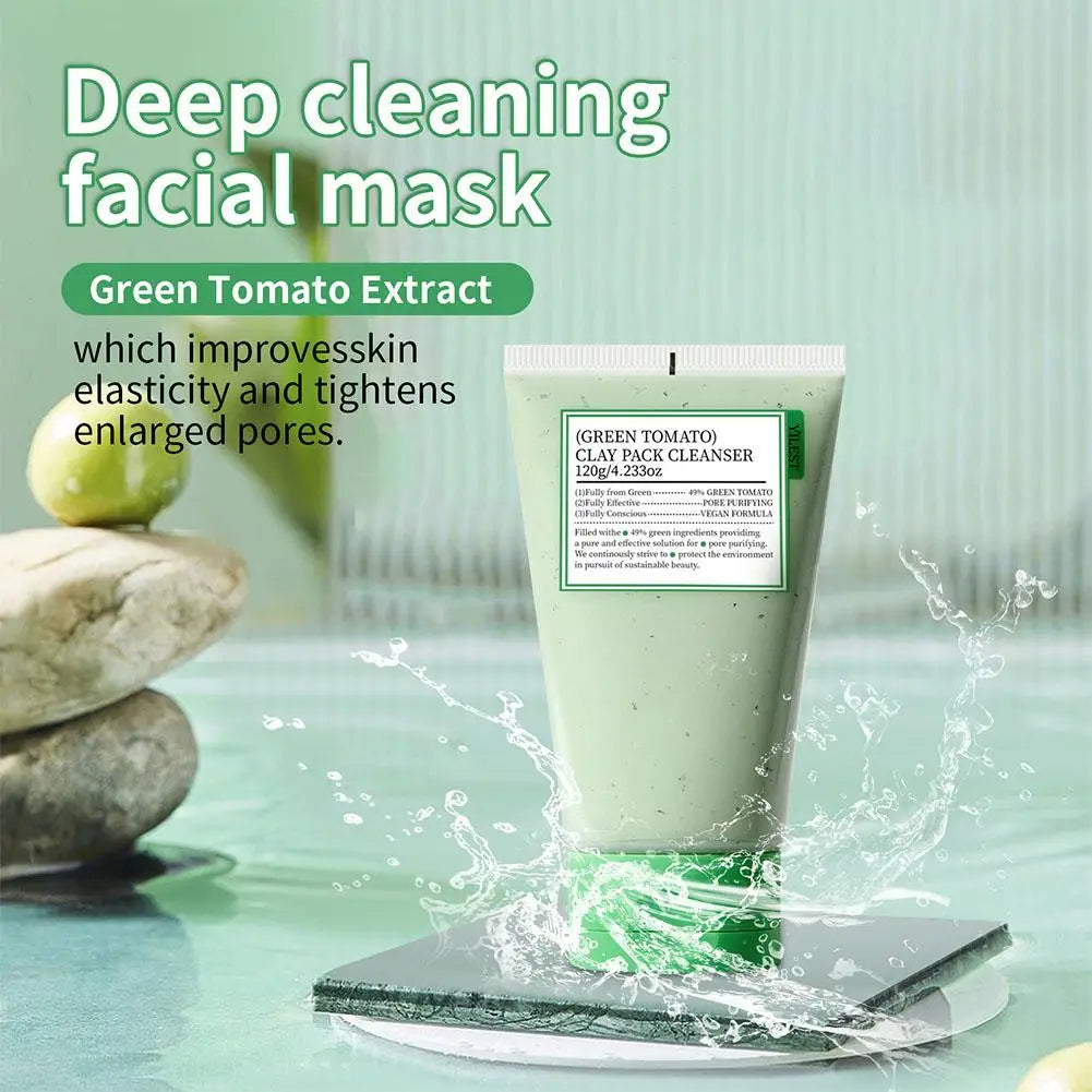 A tube of green clay pack cleanser labeled 'Green Tomato' stands on a reflective surface with water splashing around it. Large text on the left reads 'Deep cleaning facial mask' and 'Green Tomato Extract' with descriptive copy about skin elasticity and pores.