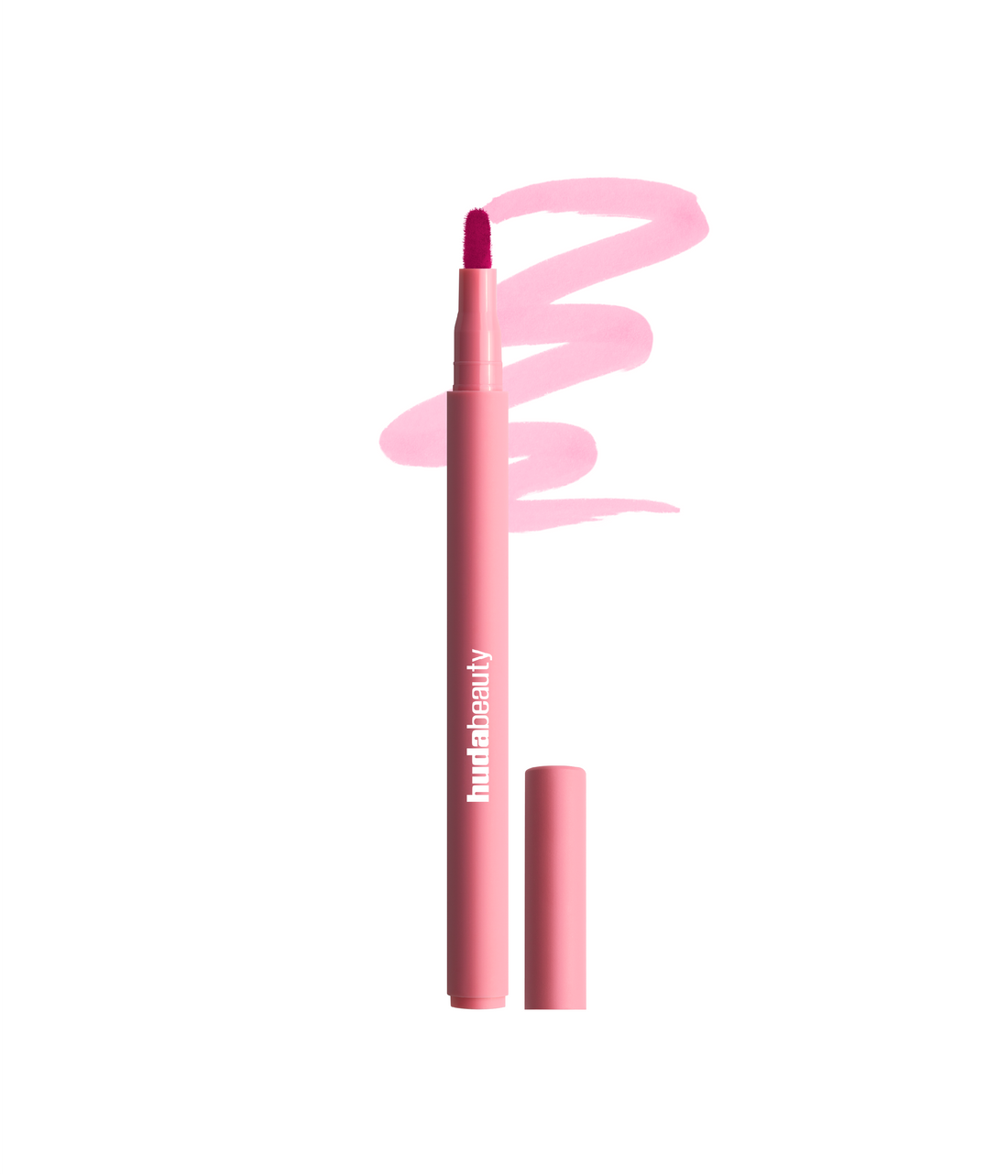 A pink makeup lip liner pen with its cap off, shown next to a pink swatch of the product on a solid white background. The brand name 'hurda beauty' is printed vertically on the barrel. Baby pink 