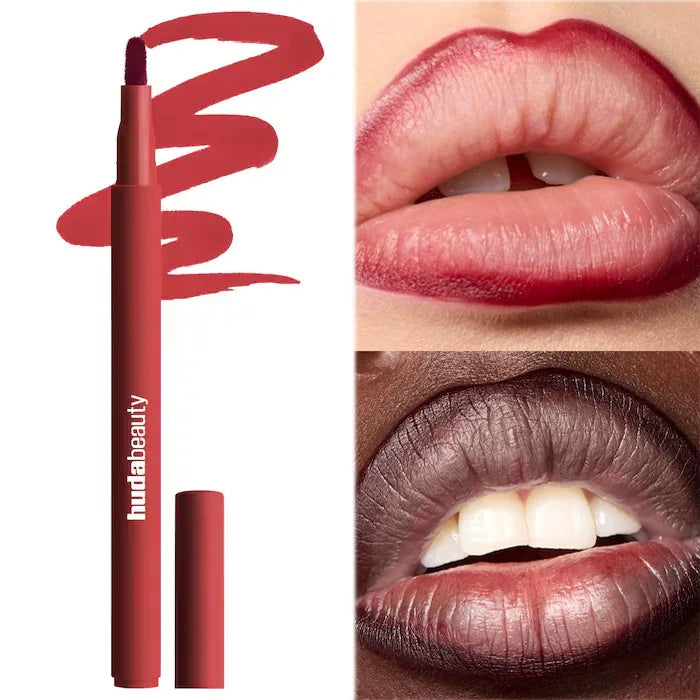 Lipstick with application on lips and close-up of lips wearing the color