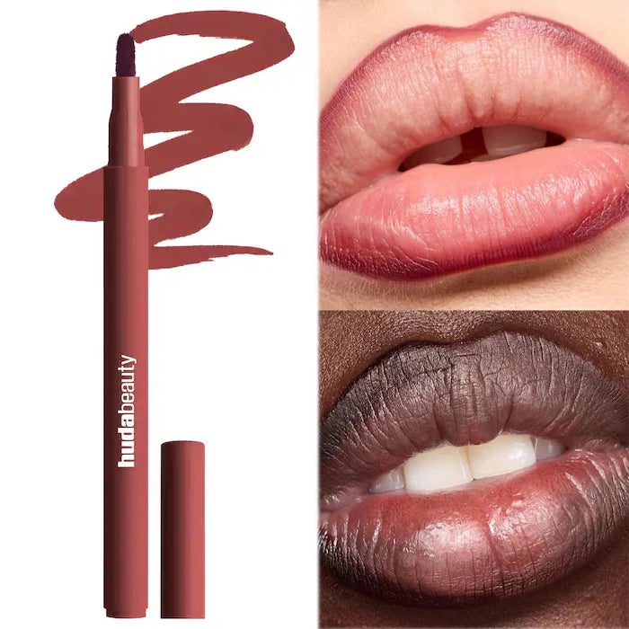 Lipstick with application examples on lips and packaging cinnamon 