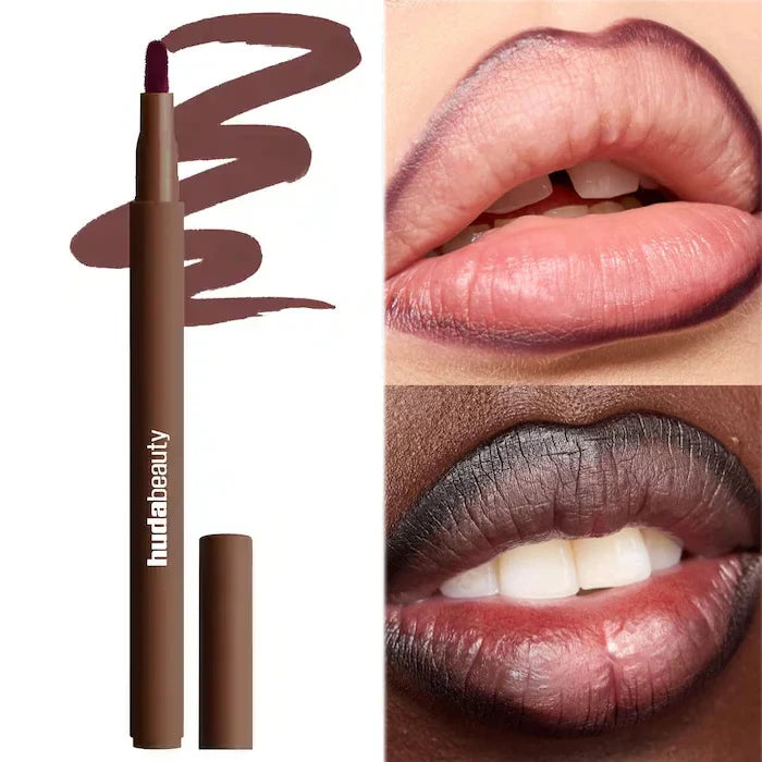 Lip liner with application examples on lips by Huda Beauty rich brown 