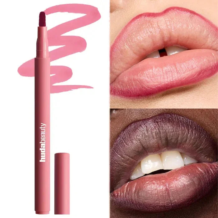 Lipstick with application on lips and color swatch, featuring 'huda beauty' branding rosewood