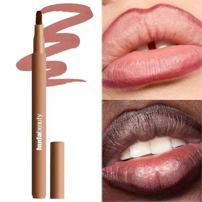 Lip liner pencil with swatches on lips and close-up of lips soft nude 