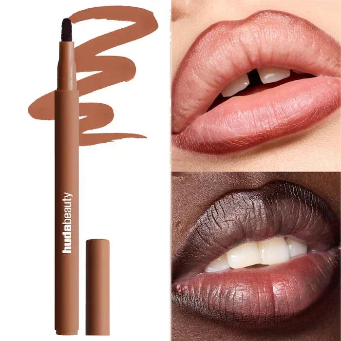 Lip liner with application examples on lips, Huda Beauty brand visible toasty brown 