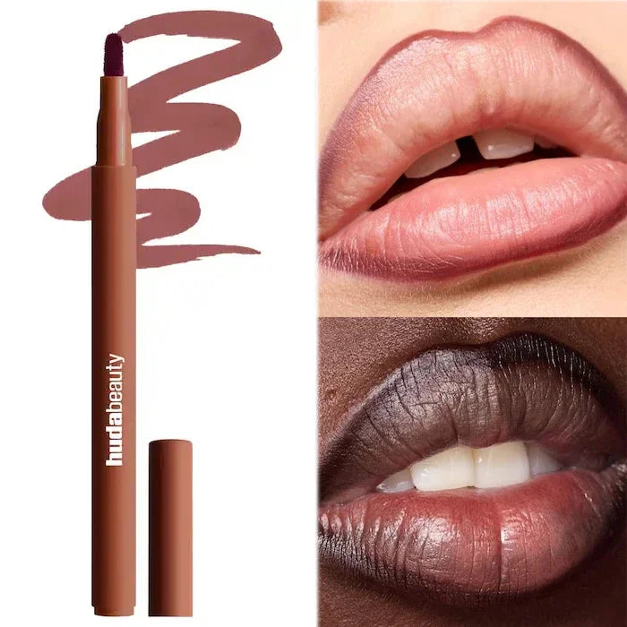 Lip liner with swatches and application on lips, featuring the brand 'huda beauty'. Warm brown 