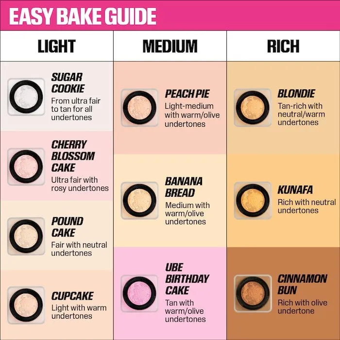 Easy Bake Guide with color swatches labeled 'Light', 'Medium', and 'Rich' on a pink background.
