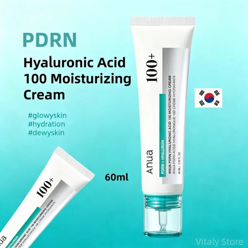 PDRN Hyaluronic Acid 100 Moisturizing Cream tube on a blue background