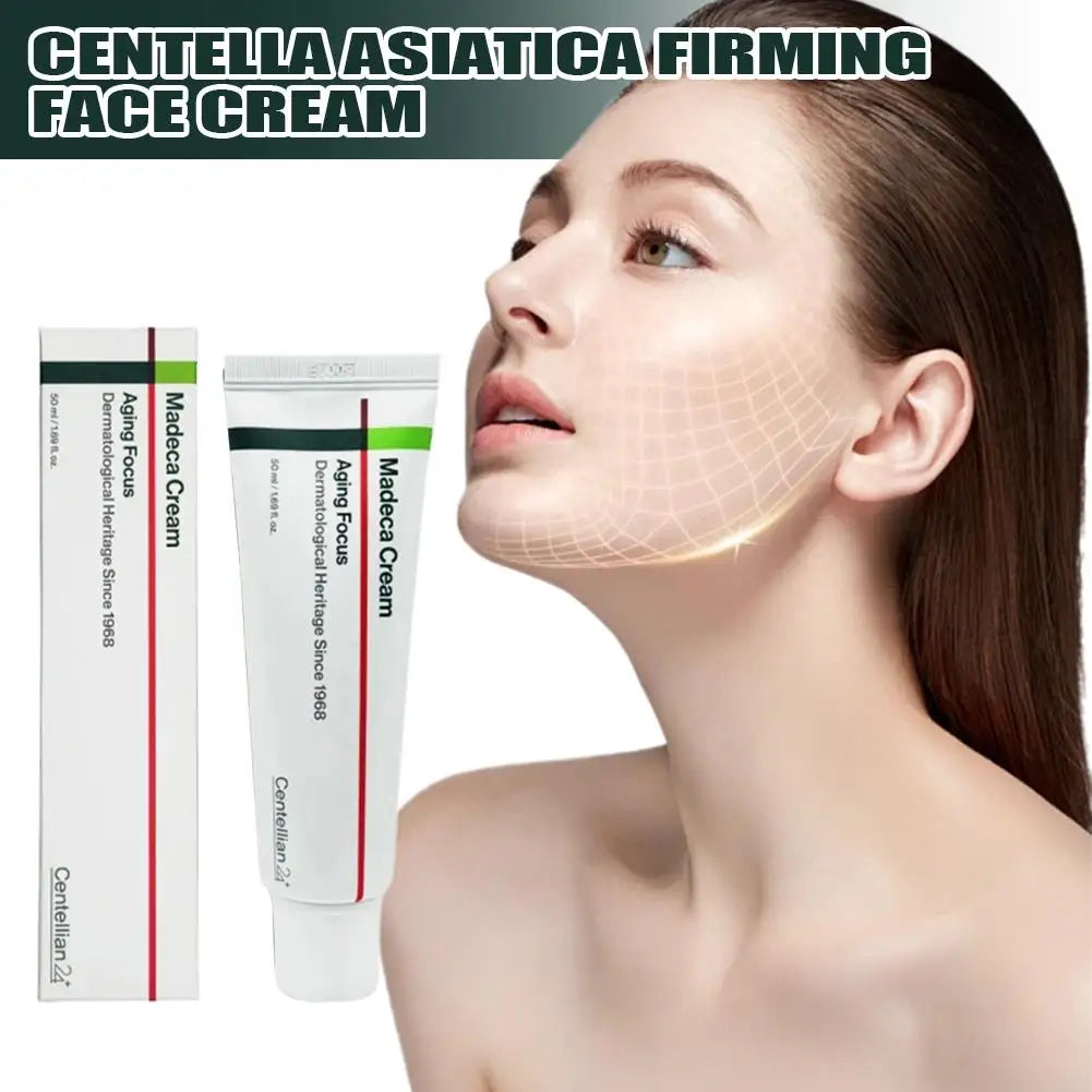 Medica Cream with packaging and a woman's face showing firming effects.
