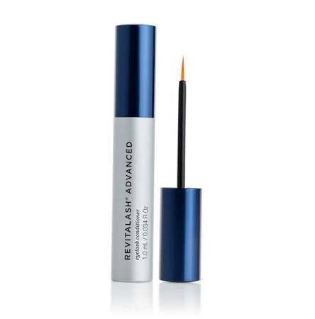 Revitalash Advanced eyelash serum with blue and silver packaging on a white background