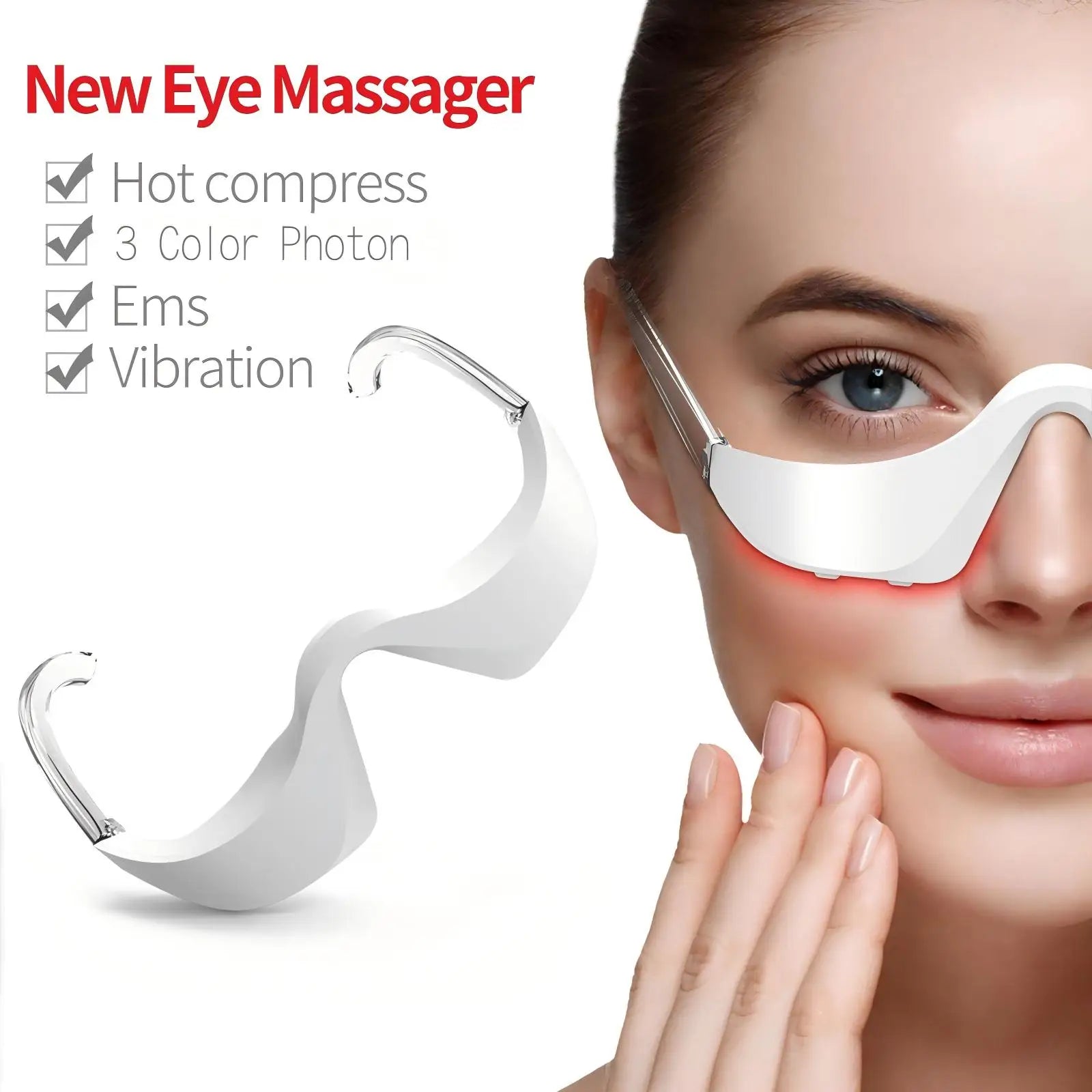 New eye massager with woman using it on a white background