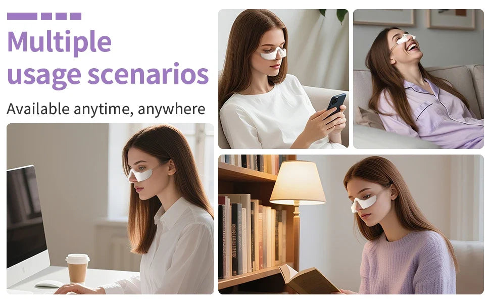 Collage of a woman using eye patches in various settings with text 'Multiple usage scenarios, Available anytime, anywhere'.