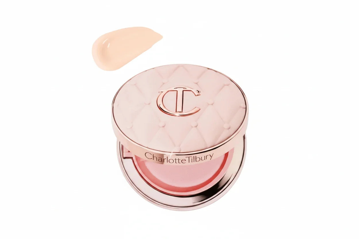 Charlotte Tilbury makeup product with a swatch on a white background