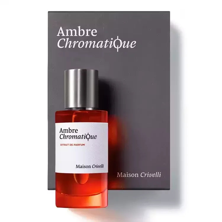 Perfume bottle and packaging of 'Ambre Chromatique' by Maison Crivelli on a white background