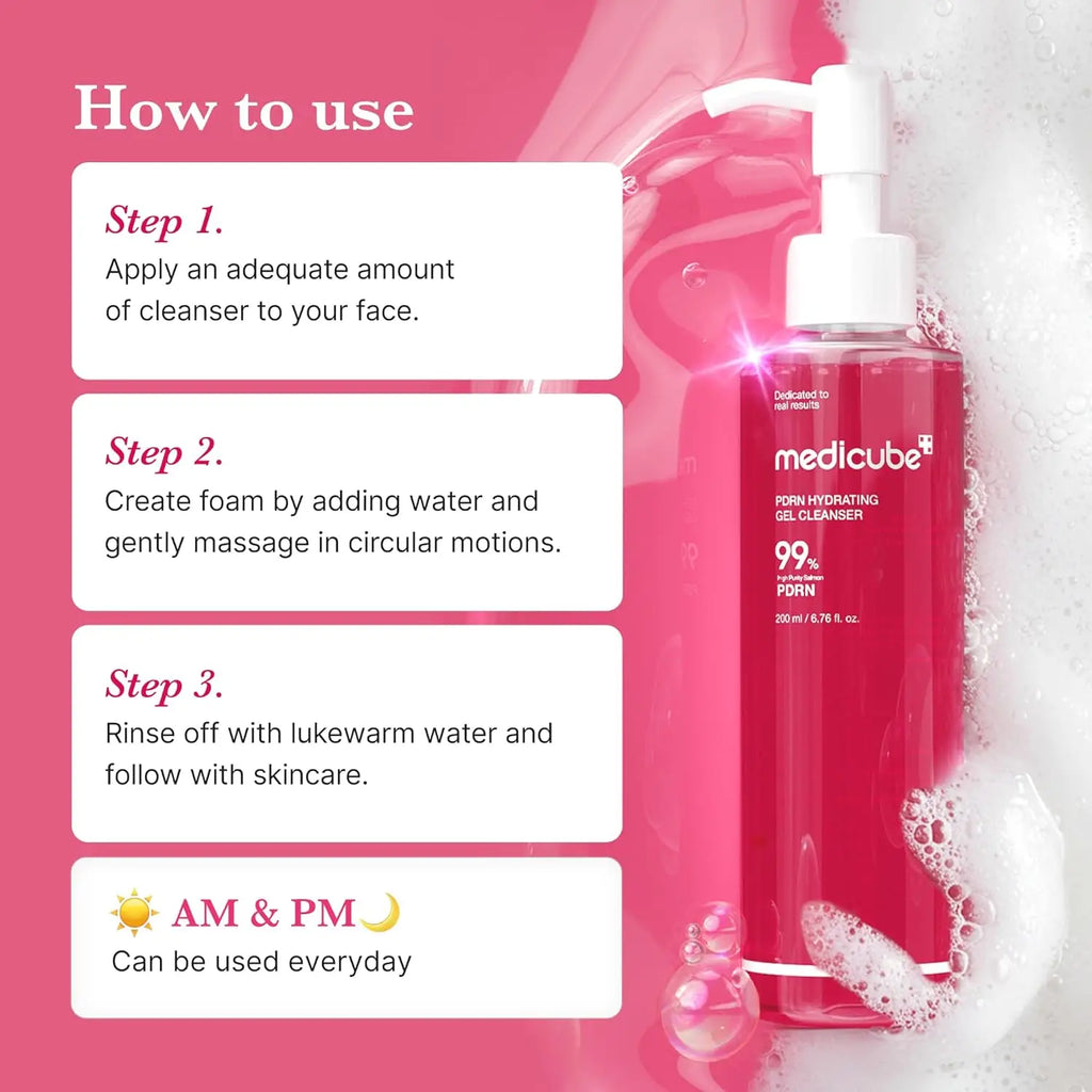 Medicube cleanser bottle with usage instructions on a pink background
