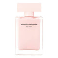 Pink perfume bottle with 'narciso rodriguez for her' text on a white background