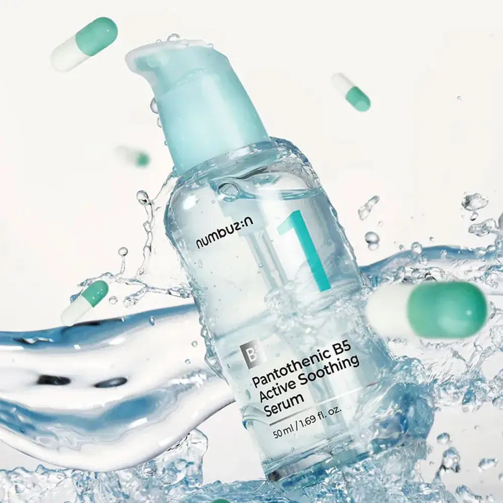 Numbuzin Pantothenic B5 Active Soothing Serum bottle with water droplets and capsules on a light blue background
