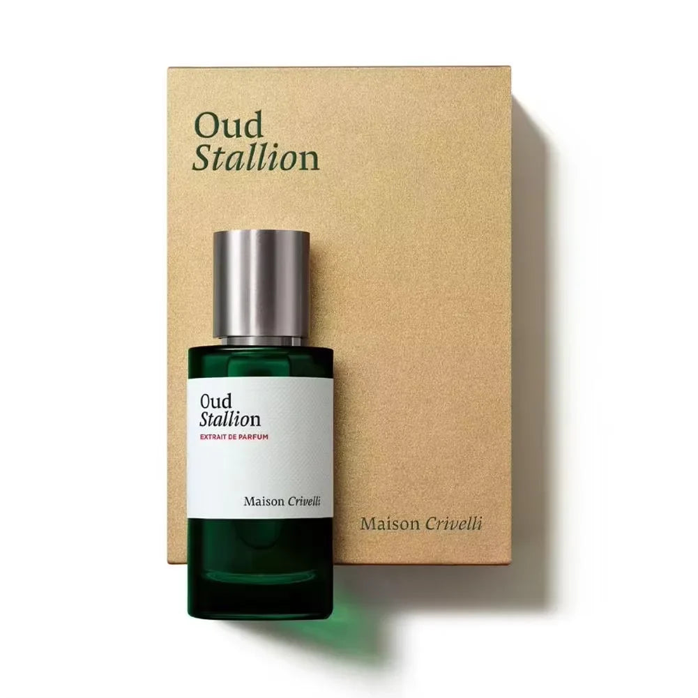 Maison Crivelli Oud Stallion perfume bottle and packaging on a white background