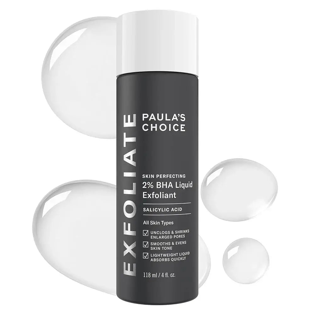 Paula's Choice skin perfecting 2% BHA liquid exfoliant bottle with applicator on a white background