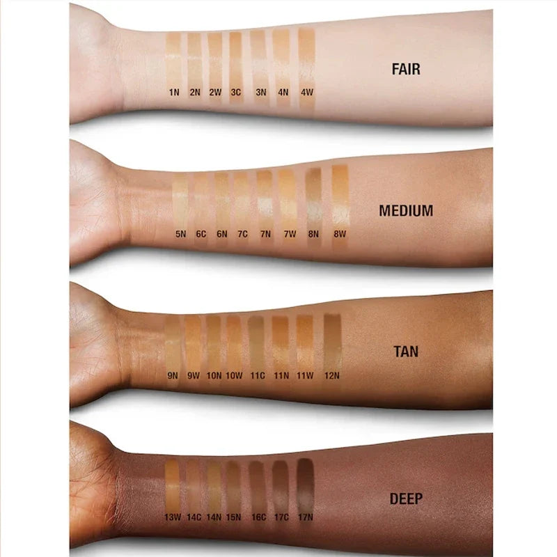 Skin tone swatches on arms labeled 'Fair', 'Medium', 'Tan', and 'Deep'.