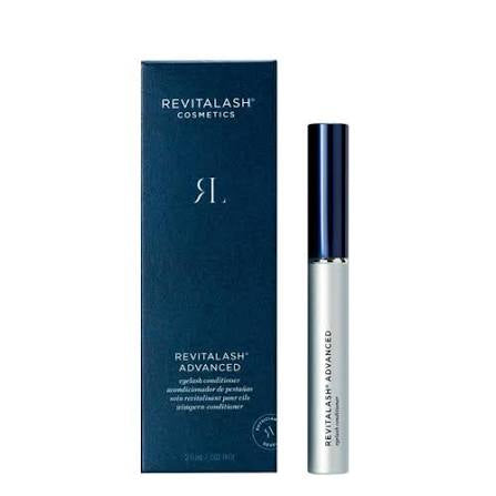 Revitalash eyelash conditioner packaging with blue box and silver tube on a white background